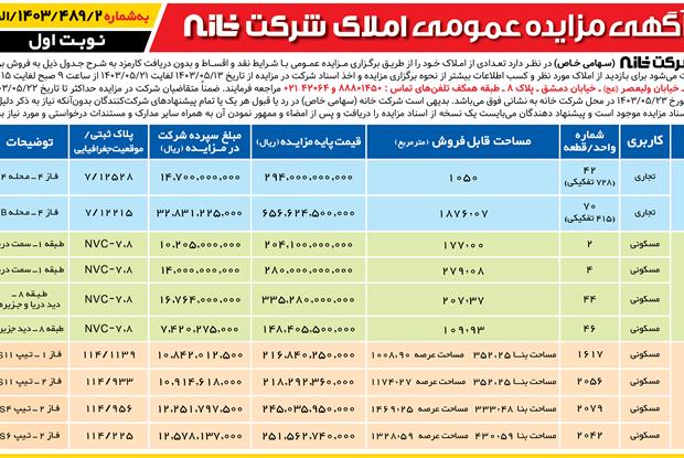 آگهی مزایده عمومی املاک شرکت خانه(سهامی خاص) به شماره 1403/489/2/الف و 1403/490/2/الف مورخ 1403/05/13 (نوبت دوم)